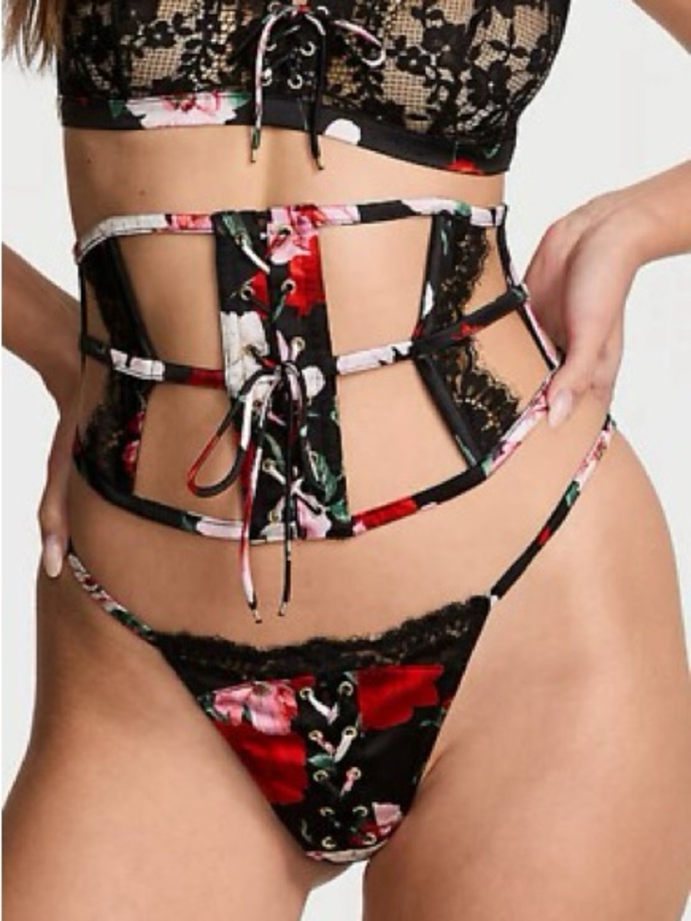 NWT Atelier Victorias Secret Caged Corset Waist Cincher Black Roses Silk Sz ML